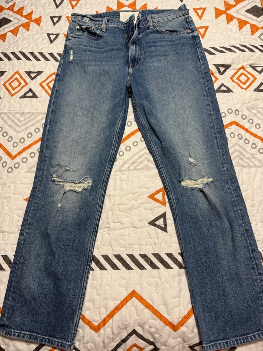 MOTHER Straight-Leg Distressed Medium Blue Jeans